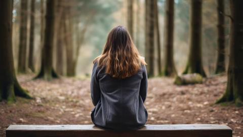 Frau sitzt im Wald und trauert