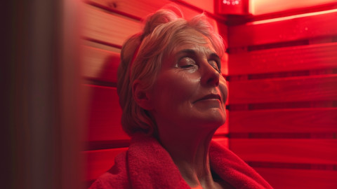 Frau sitzt in einer Infrarot-Sauna