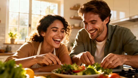 Pärchen das einen Salat zubereitet in der Küche